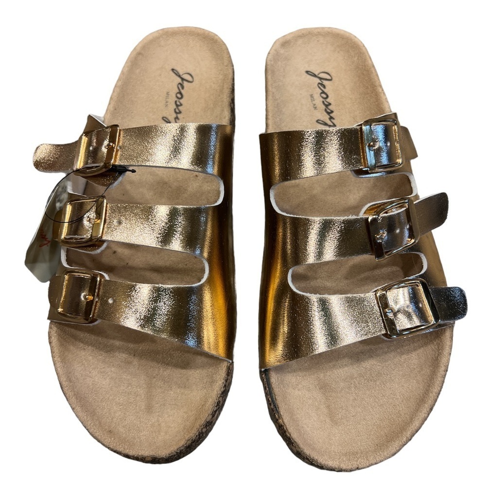 Milan Jeossy Women's Rose Gold Triple Strap Buckle Open Toe Cork Sandals 9.5